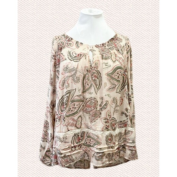 Zac & Rachel Women’s Paisley Floral Crochet Trim Blouse Size M Light Pink - Picture 1 of 7